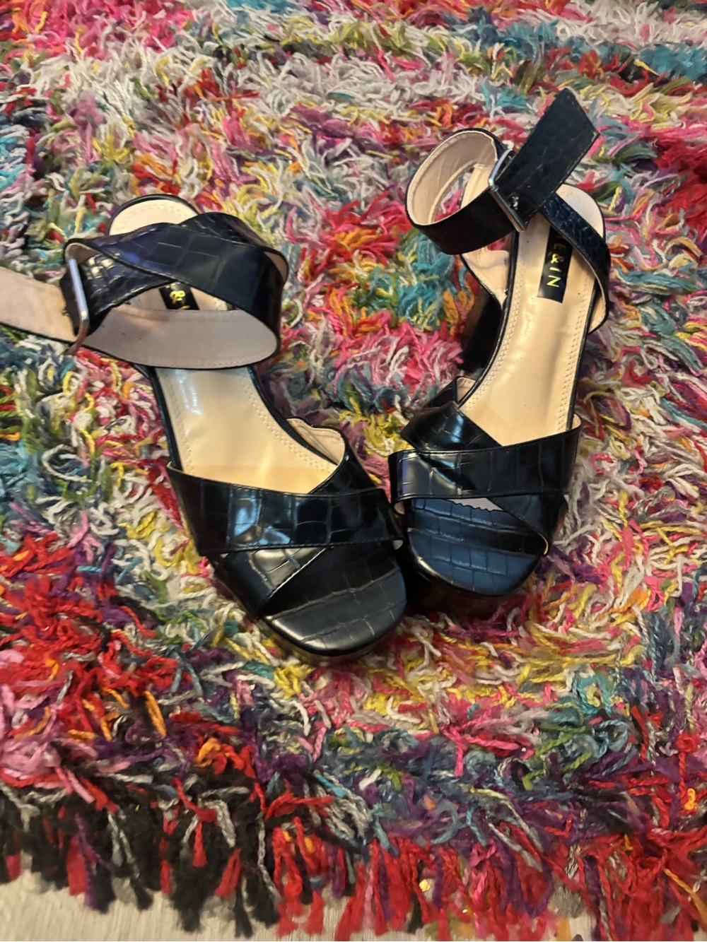 SHEIN Black Croc-Embossed Ankle Strap Heels 9